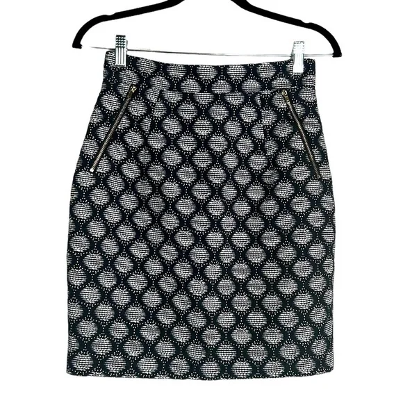 H&M Black with White Circle Print Business Midi Skirt Size 6 - Picture 1 of 5